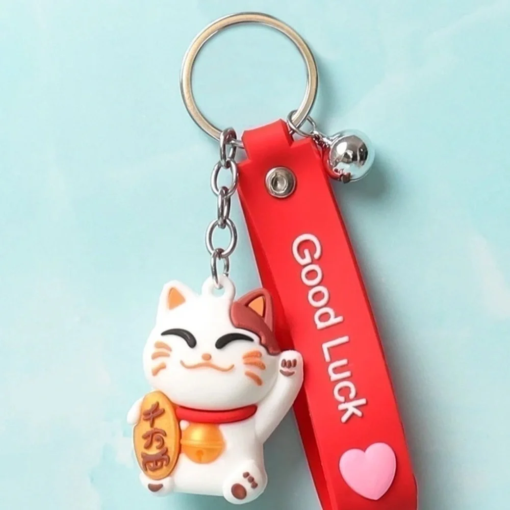 Lucky Maneki Neko Cat Good Luck Keychain Bell Charm Red Wrist Strap